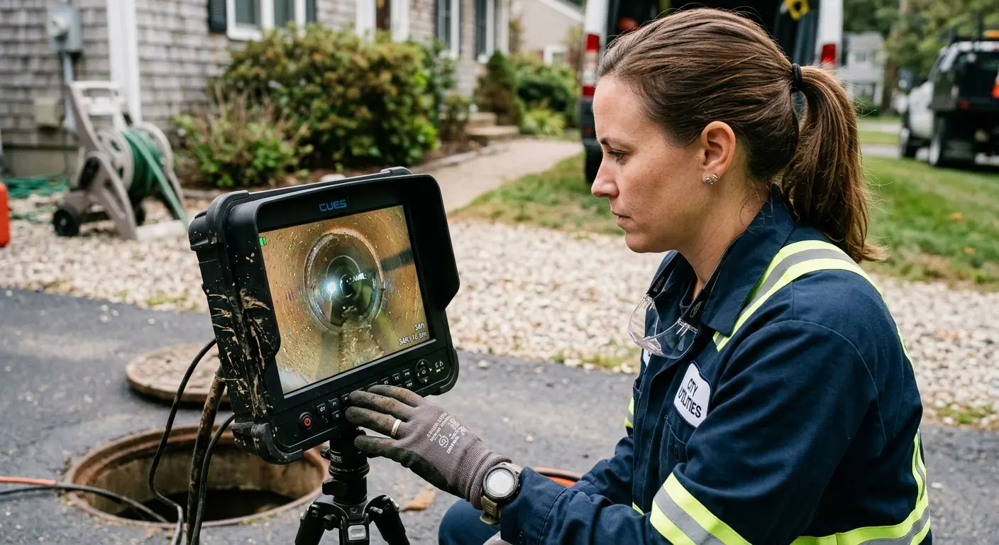 Technician reviewing sewer camera inspection footage in Addison