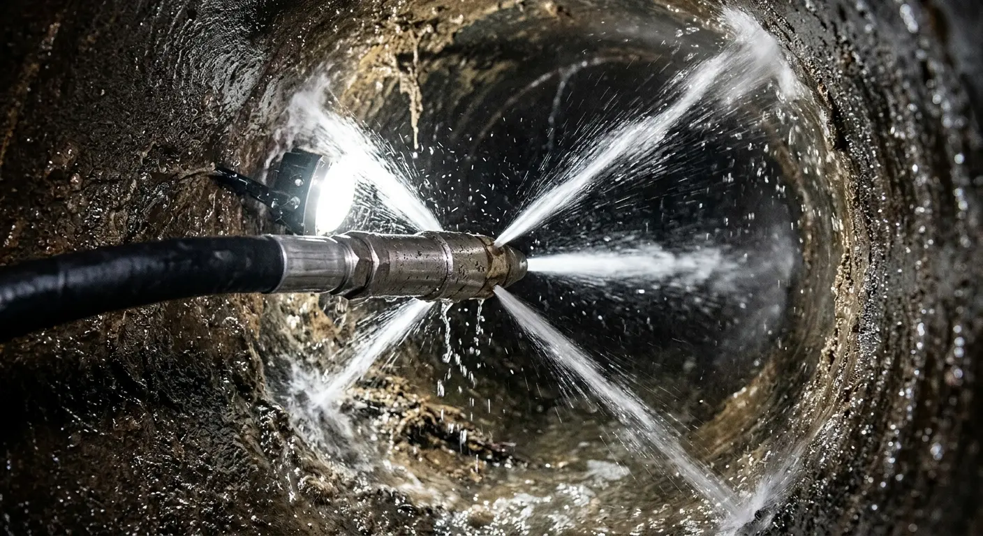High-pressure hydro jetting nozzle cleaning sewer pipe for Trenchless Sewer Repair in Addison