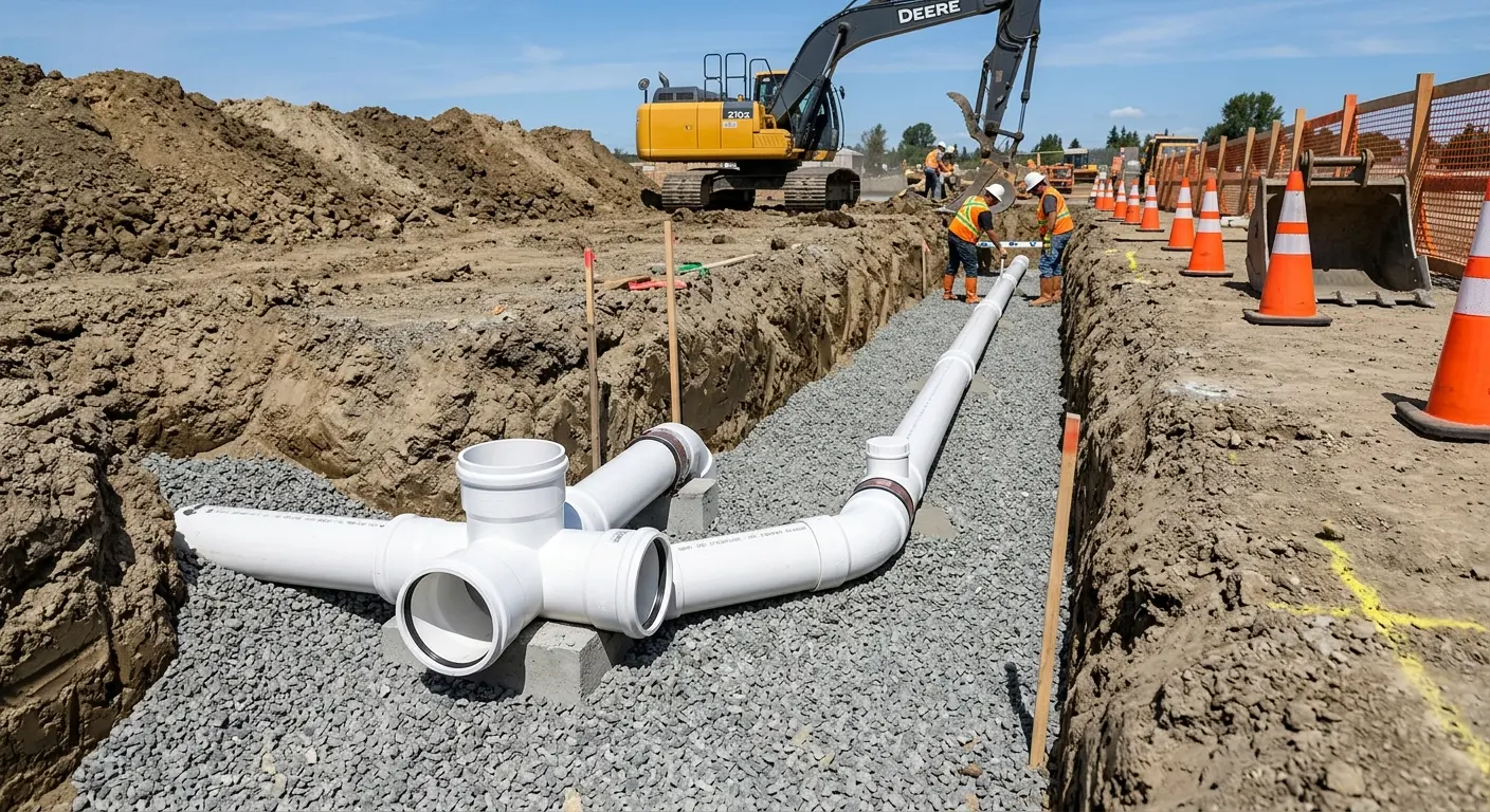 New PVC sewer pipe installation in open trench for Commercial Drain Cleaning in Addison