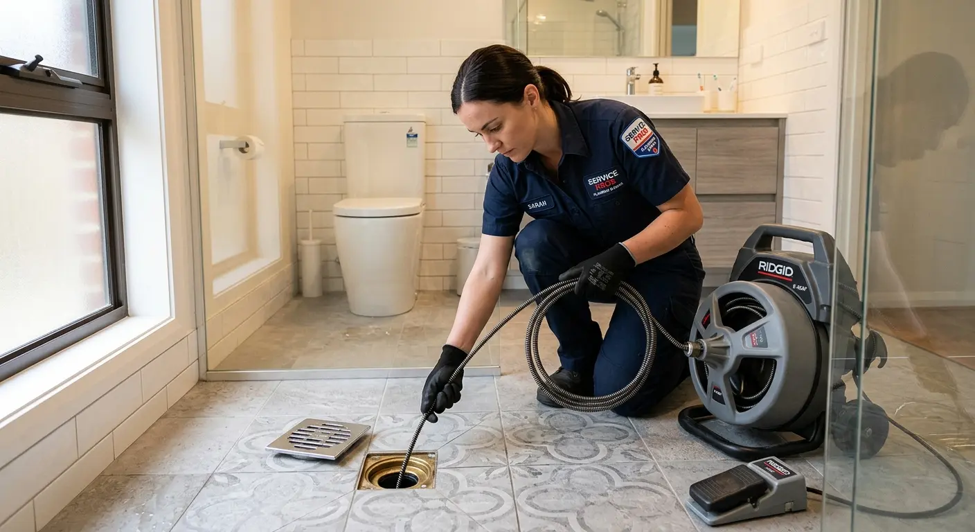 Technician clearing a bathroom floor drain for Clogged Drain Repair in Addison